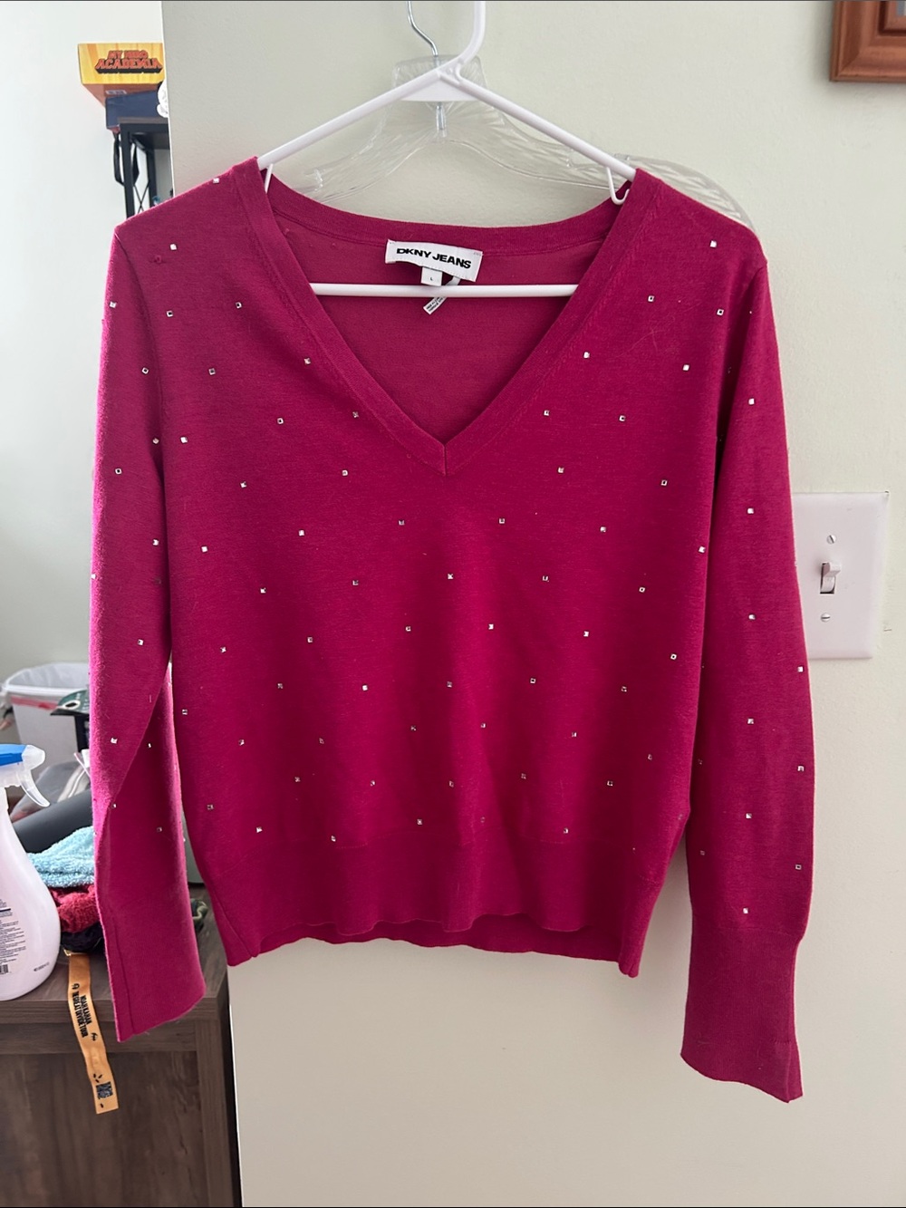 Dkny Women's Fuchsia V-Neck Sweater with Rhinestone Accents - Picture 3 of 4